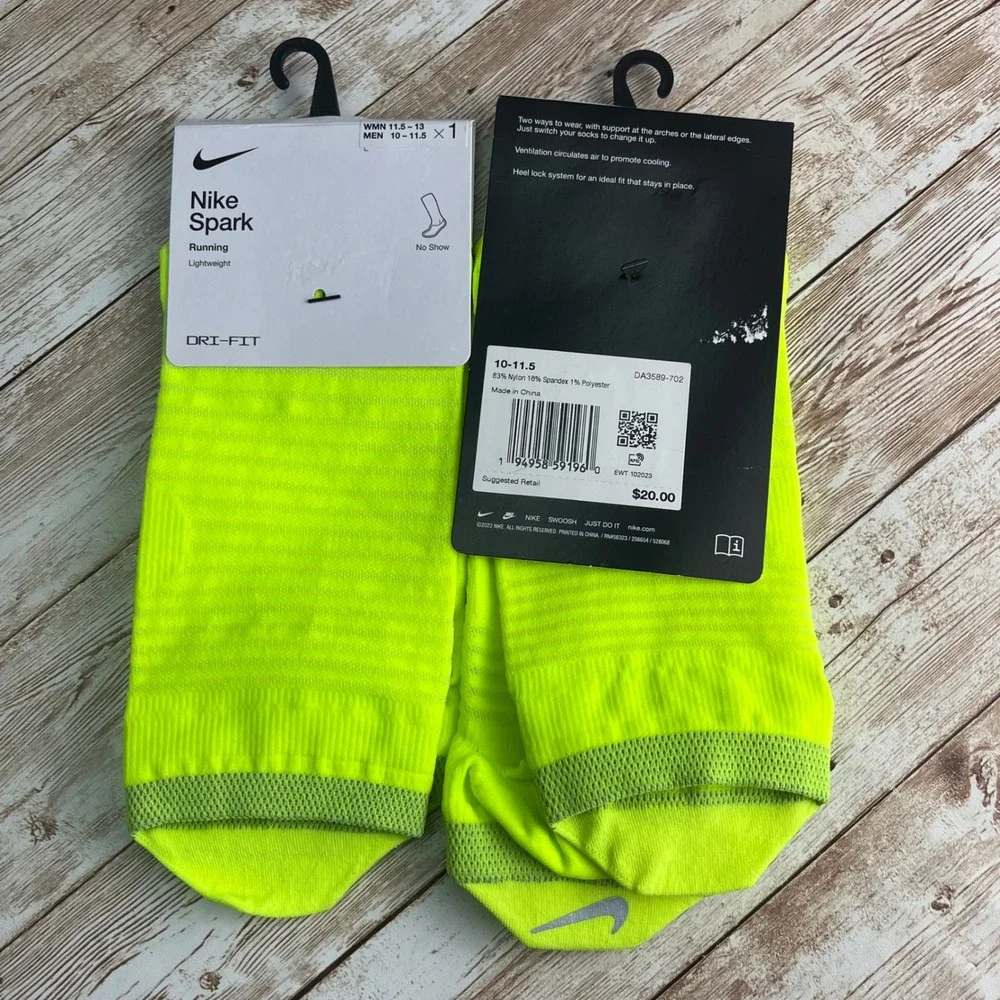 Nike Spark Running Socks Mens 10-11.5 Lightweight Dri-FIT‎ Volt Green No Show
